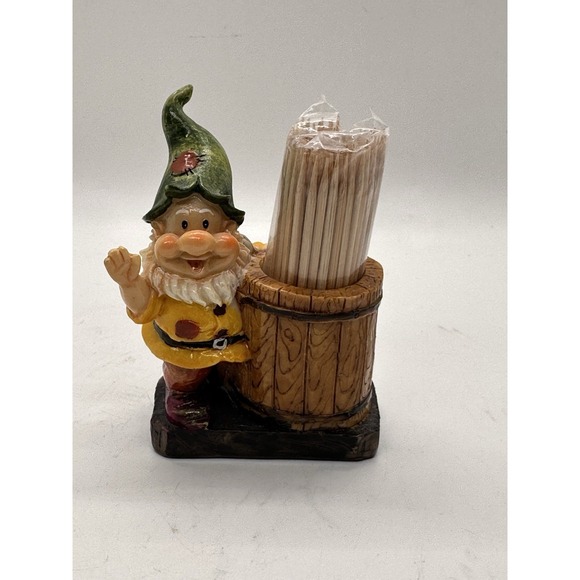 Gnome Toothpick Holder Figurine Rustic Barrel Cute Kitchen Décor 4" Tabletop - Picture 1 of 6